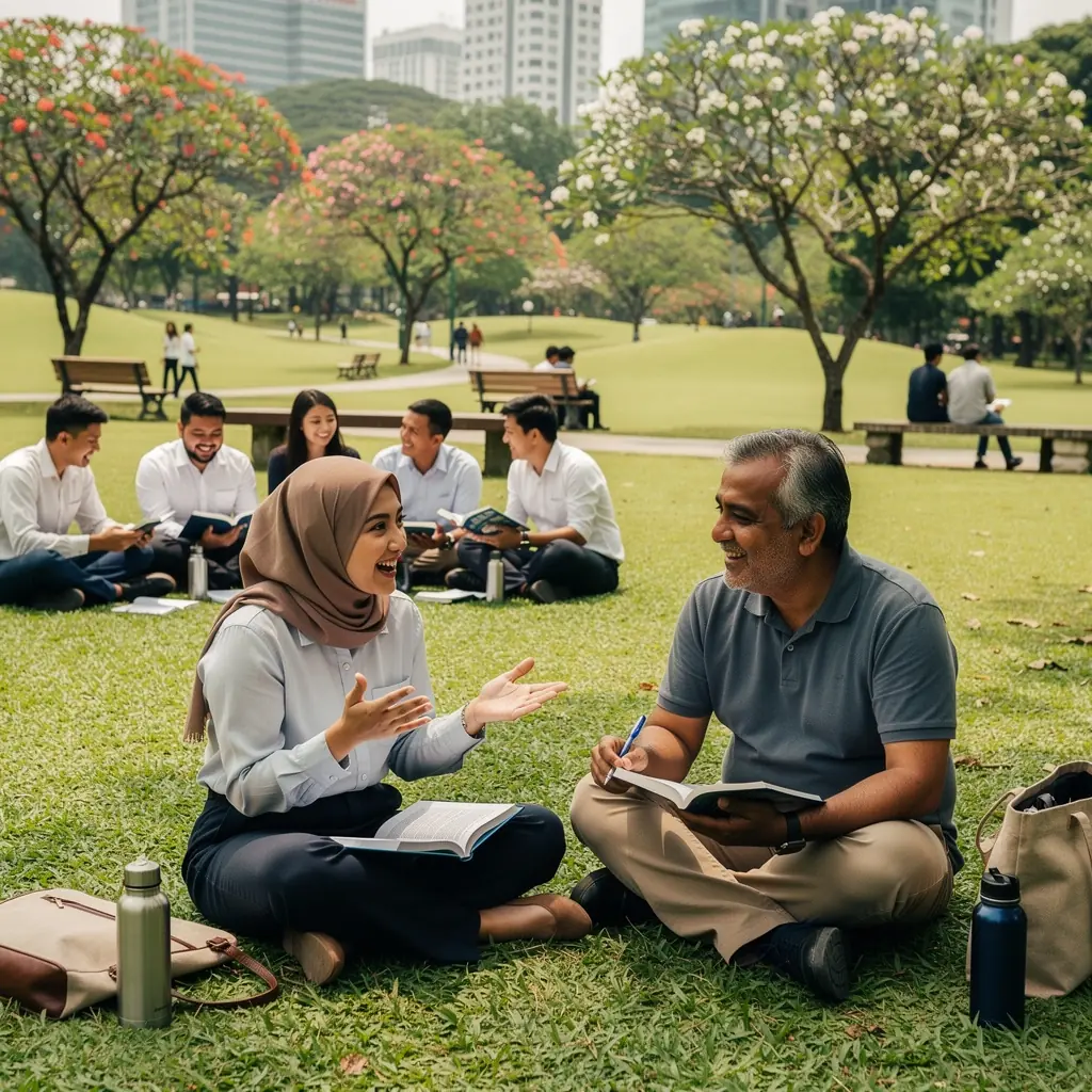 A diverse group of professionals engaged in a leadership workshop.
