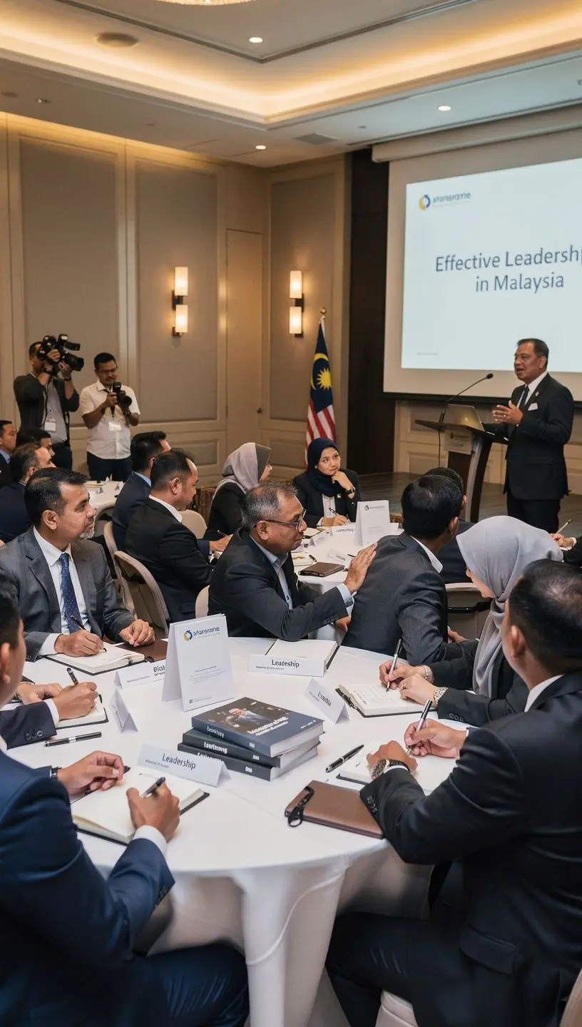 A diverse group of professionals engaged in a discussion around a table with business books open.